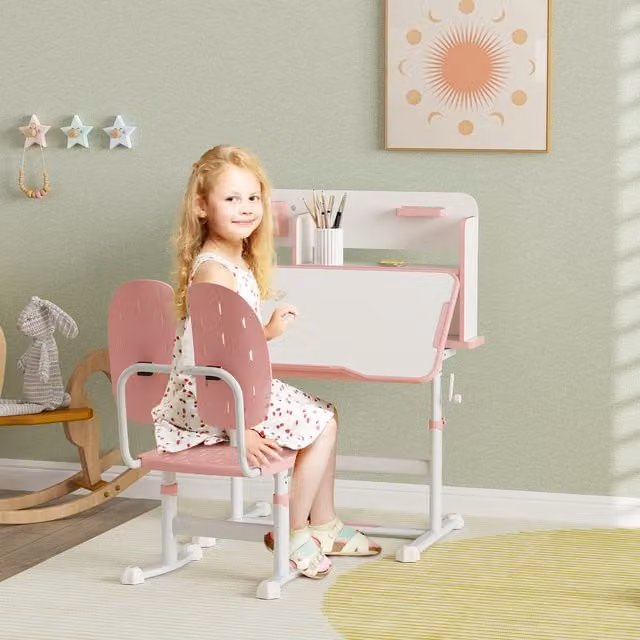 AIYAPLAY Kids Desk and Chair Set in Pink with Tilting Desktop and Reading Rack