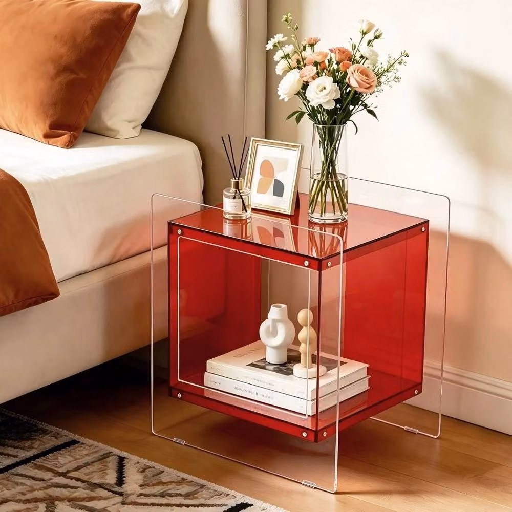 VOGREX Red Transparent Acrylic End Table and Bedside Nightstand with Media Compartments – 4