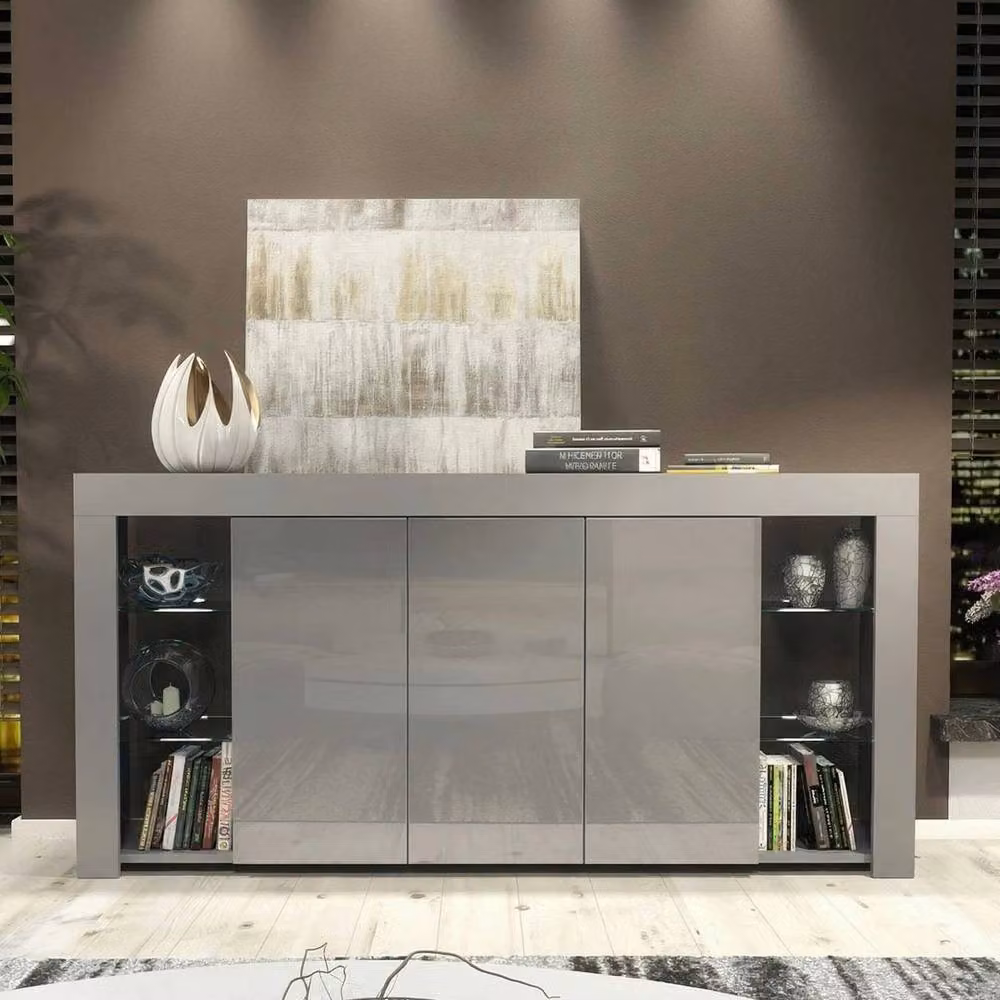 PAWNORA Modern Glossy TV Unit Sideboard Display Cabinet in Grey – 4