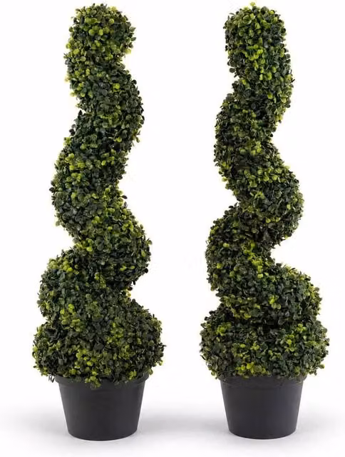 NESTLUNE Set of 2 Green Artificial Topiary Boxwood Spiral Tabletop Trees – 1