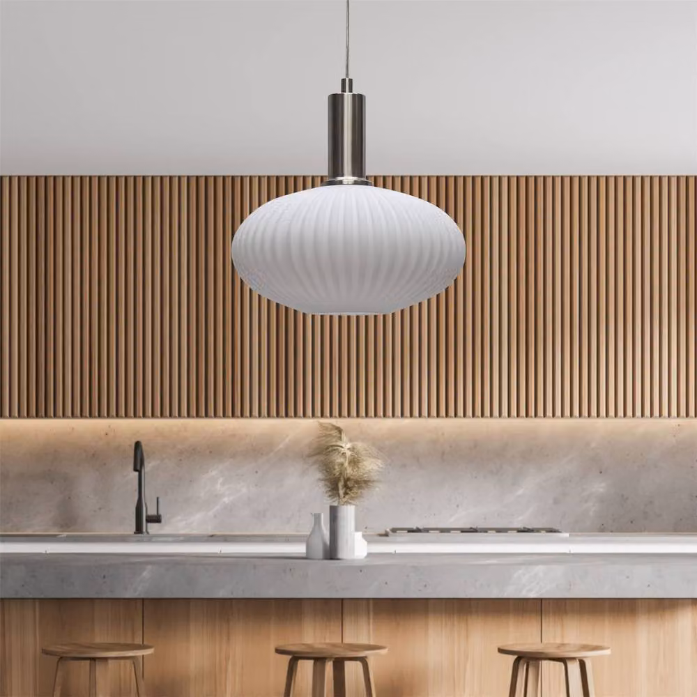 First Choice Lighting Baton Art Deco Pendant Fitting with White Ribbed Oval Glass and Silver Metal Finish, Height Adjustable and Dimmable – 2