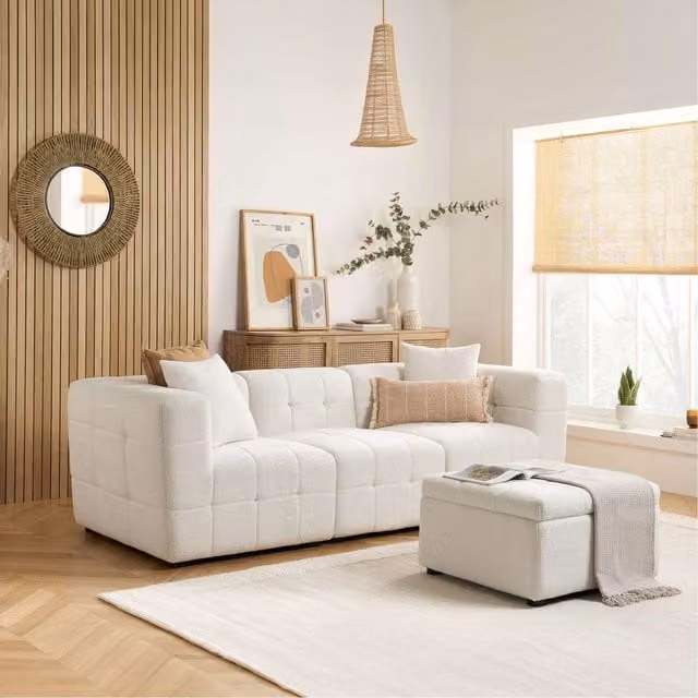 Birlea Cloud Bouclé Sofa and Matching Ottoman Set in White