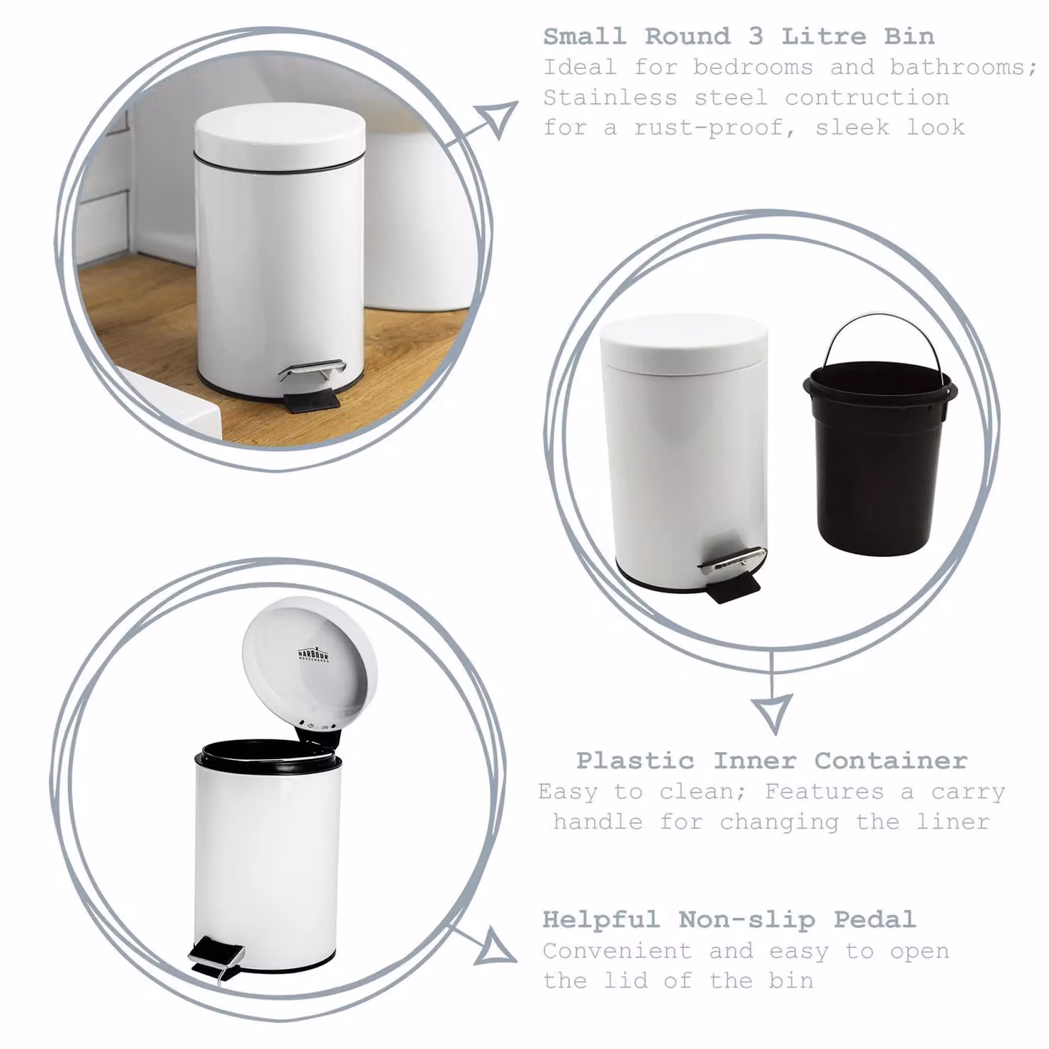 Harbour Housewares 3L Round Stainless Steel Pedal Bin with Removable Inner Bucket, Black – 7