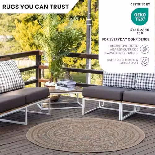 Livabliss Nova Round Boho Geometric Outdoor and Indoor Rug, Beige and Black, Diameter: 100 cm – 4