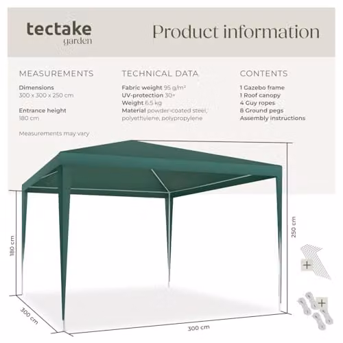 tectake Garden Gazebo in Green with Steel Frame, W: 300 cm, D: 300 cm, H: 250 cm – 6