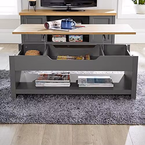 Home Source Avon Lift Up Coffee Table with Storage Shelf, Oak Top, Dark Grey, W: 105 cm x D: 47 cm x H: 40 cm – 3