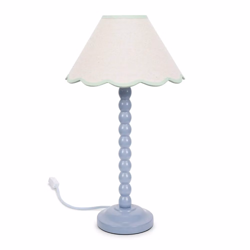 ValueLights Bobbins Powder Blue Ceramic Table Lamp with Tapered Natural Linen Scallop Shade and Pale Green Bulb – 2
