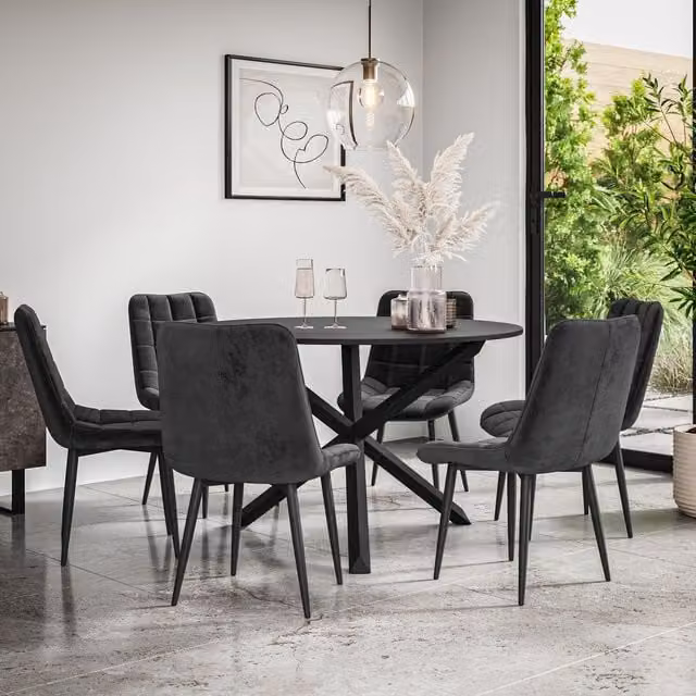 More4Homes Malvern Round Dining Table and 6 Nova Velvet Dining Chairs Set, Black Table Top with Solid Oak Black Legs, Diameter: 120 cm, Height: 75 cm – 1
