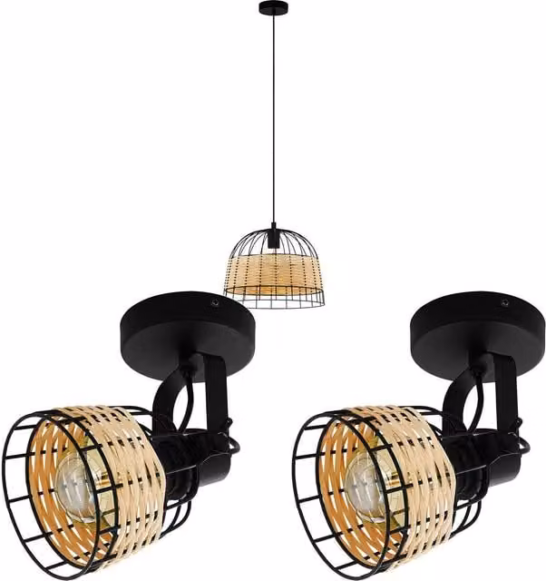 Loops Black Wire and Wicker Wood Ceiling Pendant Light and 2x Matching Wall Lights