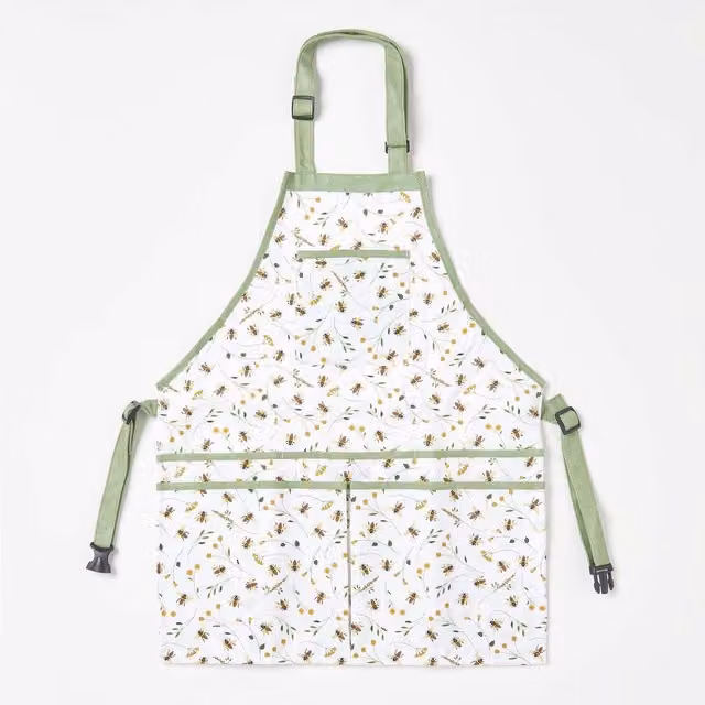 Homescapes Green and White Gardening Apron with Floral Bee Design