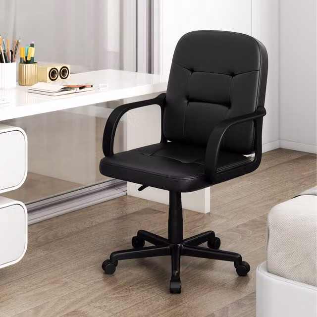 COSTWAY Black Synthetic Leather Swivel Task Chair with Armrests and Castors