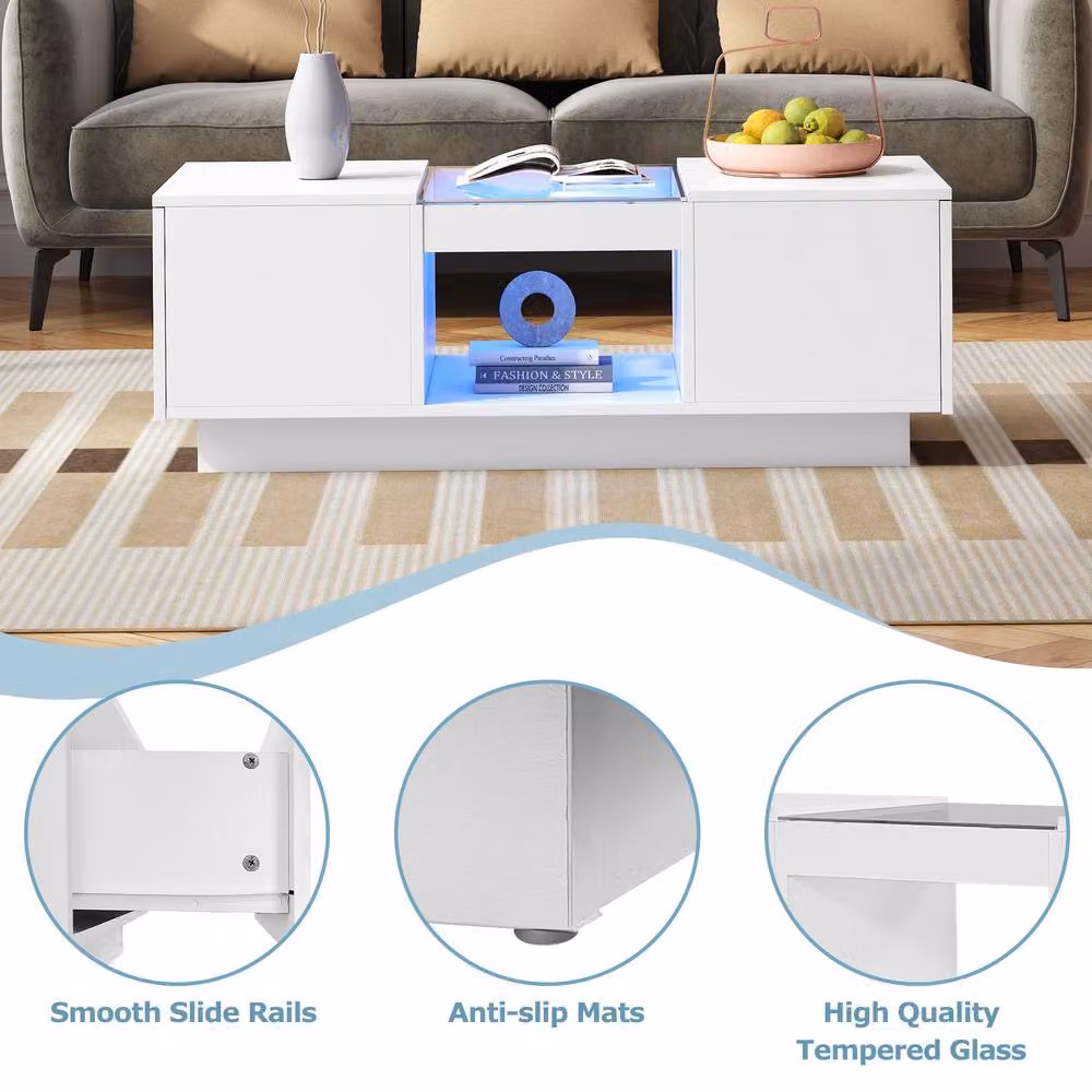 Matteo Modern White LED Coffee Table with Glass Top and Storage W/D/H: 50 x 50 x 35.5 cm – 4