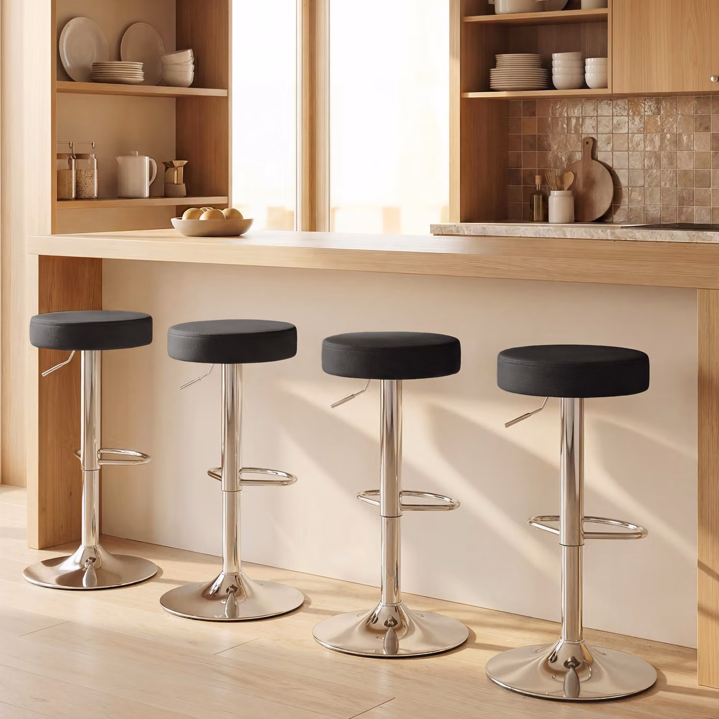 HOMCOM Set of 2 Modern Black PU Leather Swivel Bar Stools with Height Adjustable Seats and Footrests – 5