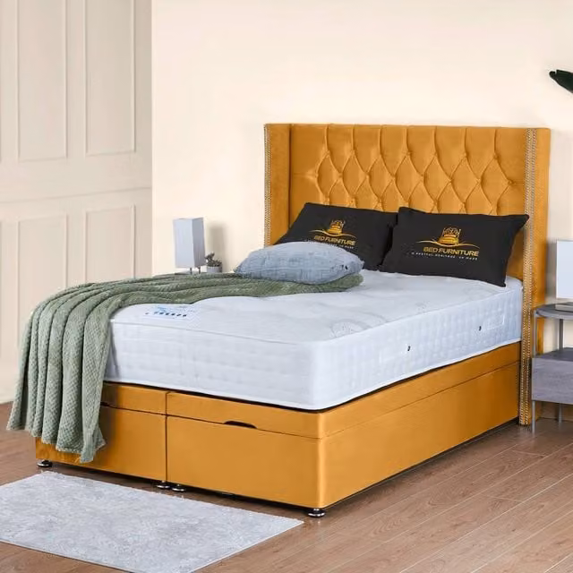 UK Bed Furniture Francesca End Lift Divan Ottoman Bed with 54 Inch Diamond Headboard in Yellow Velvet, W/D/H: 90 x 190 cm