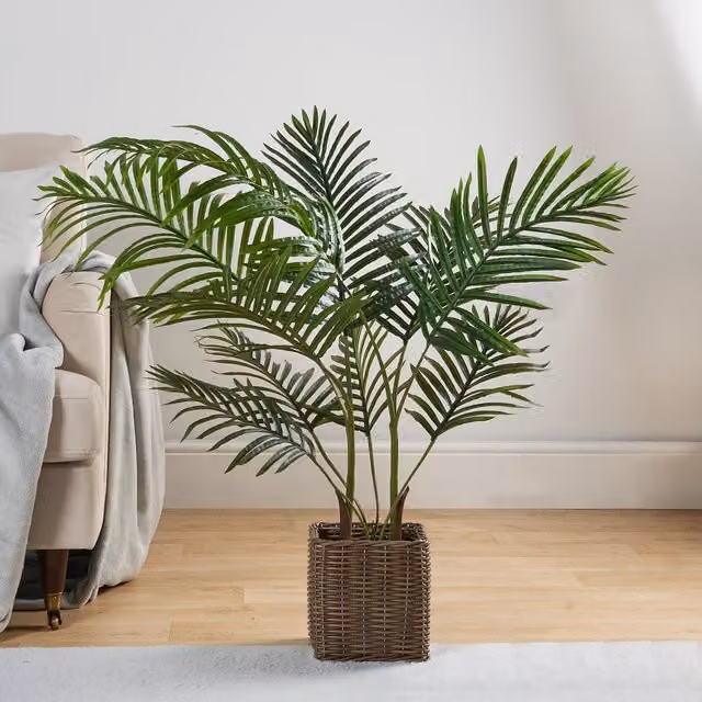 OHS Green Artificial Palm Leaf Tree in a Rustic Basket for Tabletop Decoration