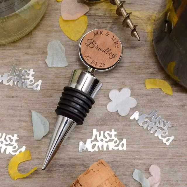 Uniqueful Personalised Mr and Mrs Cherrywood Bottle Stopper Wedding Gift in Brown and Silver