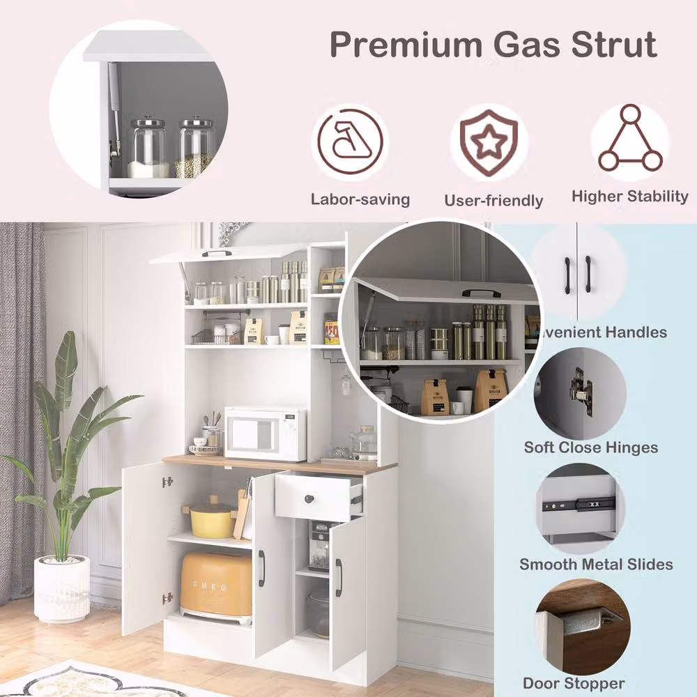 Costway White Wooden Tall Pantry Cabinet with Hutch and Glass Kitchen Buffet Cupboard – 4