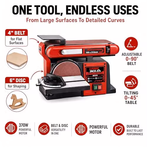 Lumberjack 370W Belt and Disc Benchtop Sander Linisher with Heavy Duty Cast Iron Base in Red – 5