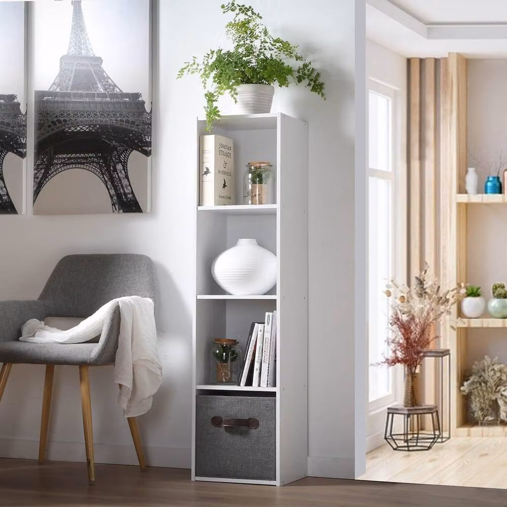 CALICOSY 4-Compartment Cube Storage Shelf in White, H 122.5 x W 31.1 x D 29.5 cm – 2