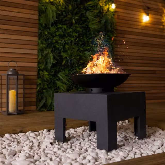 Bentley Garden Black Metal Fire Bowl with Square Concrete Base