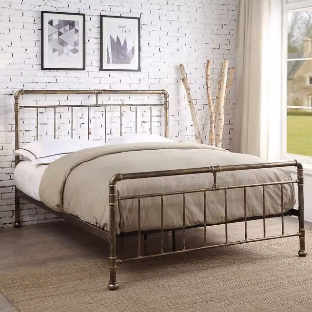 Flintshire Furniture Cilcain Industrial Double Bed in Antique Bronze and Brown Metal, 140 x 200 cm