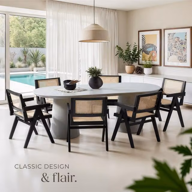 TECTAKE Mid-Century Dining Chair with Rattan Backrest and Fabric Seat in Black, Height: 82.5 cm