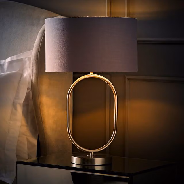 ValueLights Antonia Oval Table Lamp with Grey Fabric and Metallic Brushed Chrome Shade and LED Bulb