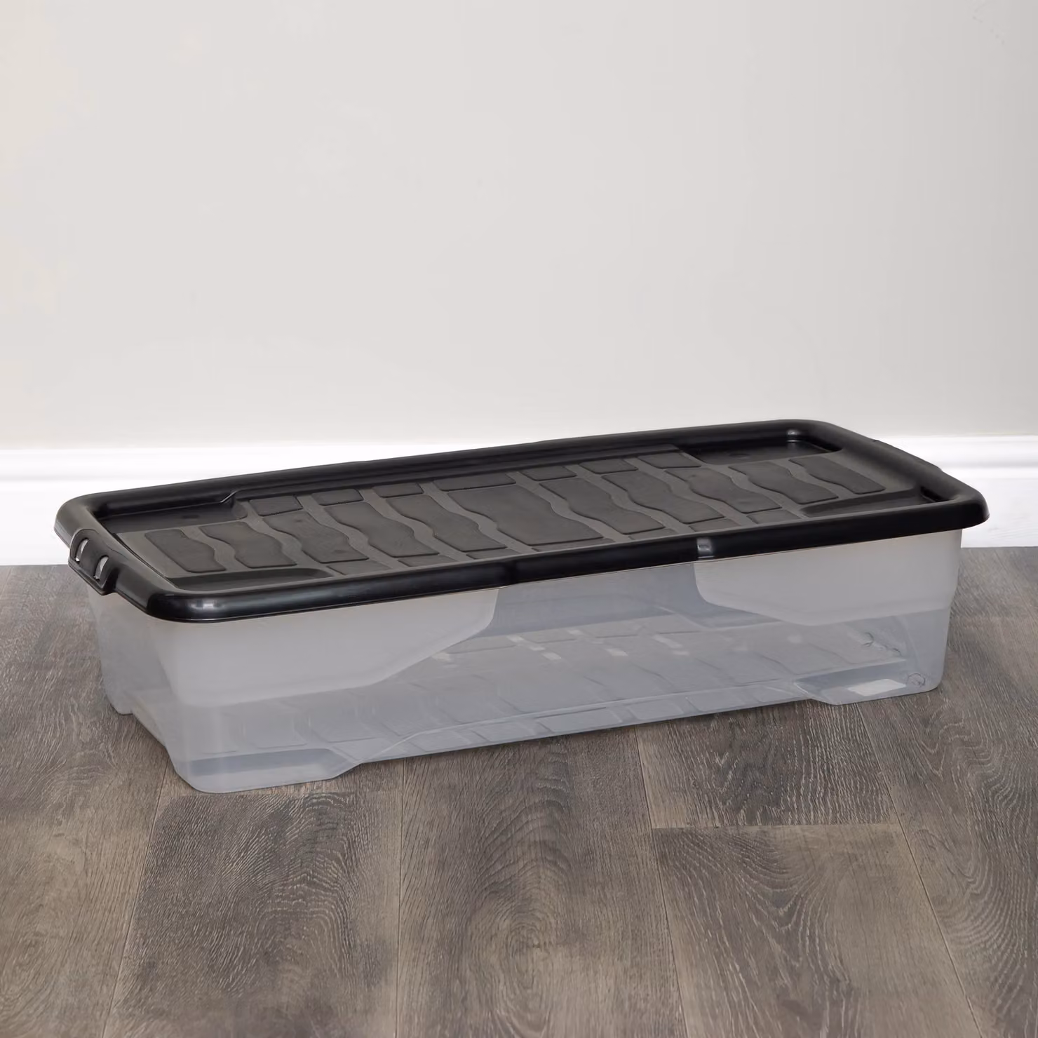 Samuel Alexander 8 Pack of 42L Clear Stackable and Nestable Under Bed Storage Boxes with Black Lids – 2