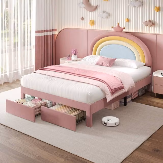Rolipo Pink Velvet Double Bed Frame with Storage Drawers and Rainbow Headboard, W/D/H: 140 x 200 cm – 1