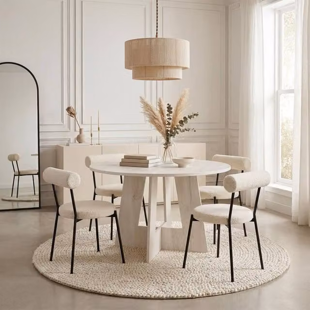 OHS Modern Round Dining Table in Beige Sand Travertine Effect Stone Finish – 1