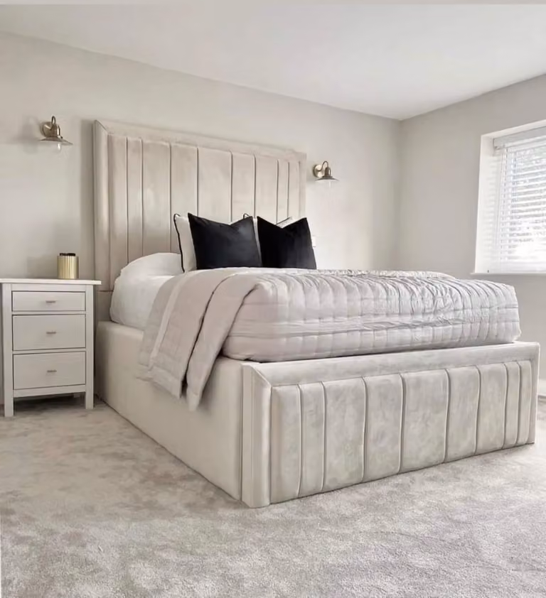 Montreal Upholstered Modern Velvet Bed in Beige by Beds NK Ltd