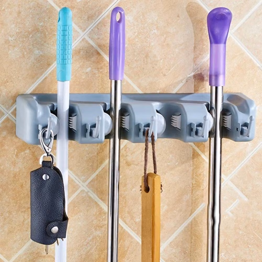 VOGREX 4-Rack Wall Mounted Anti-Slip Brush and Mop Organiser in Grey – 2