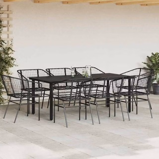 Berkfield Home Beautiful 9 Piece Black Poly Rattan Garden Dining Set with Glass Tabletop