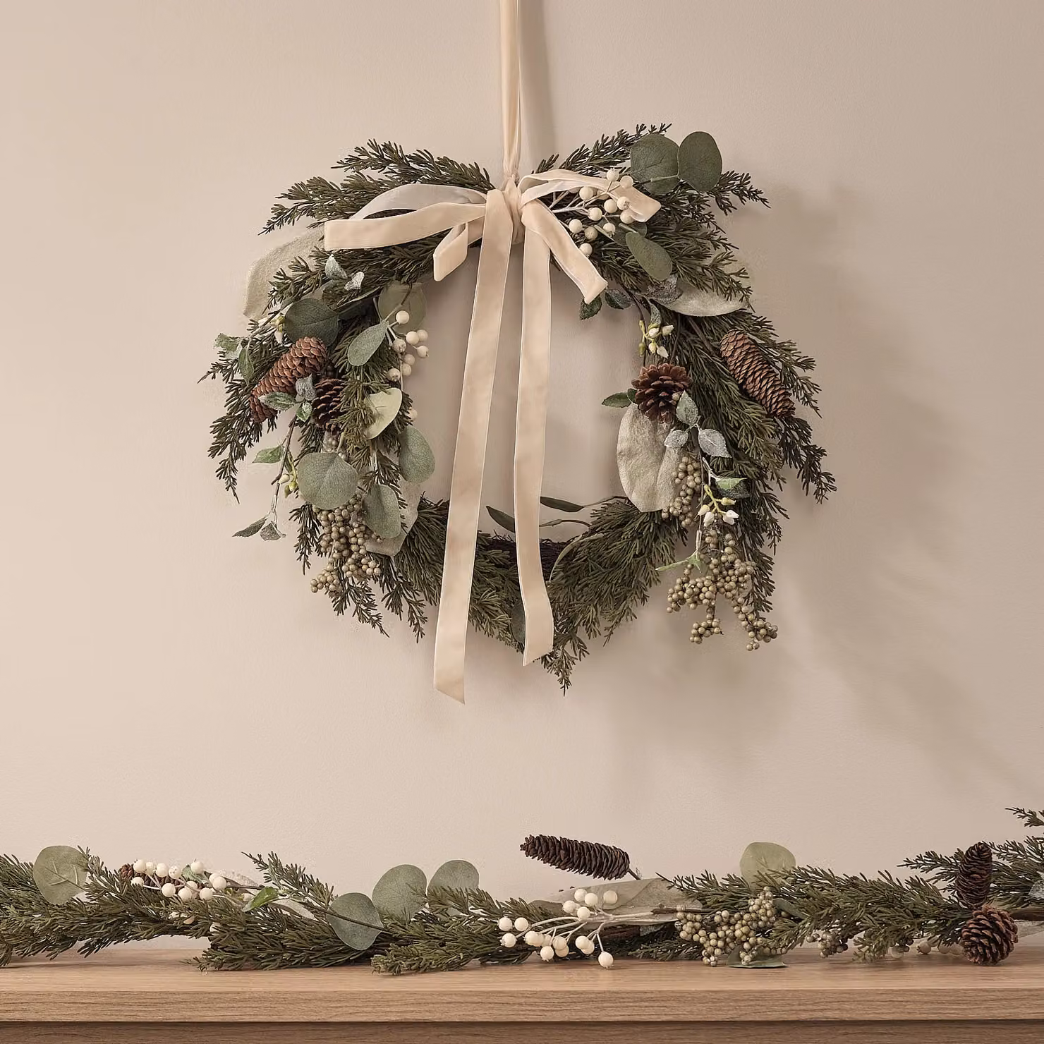 White Berry and Pinecone Christmas Wreath and Garland in White and Green