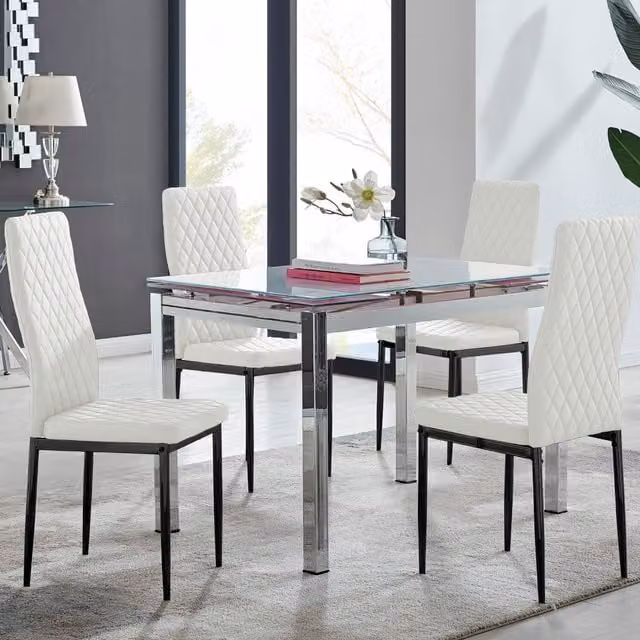 Furniturebox Enna White Glossy Glass Extending Dining Table and 4 Milan Black Leg Chairs