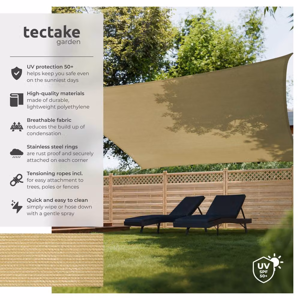 tectake Rectangular Shade Sail with UV Protection UPF 50+ and Water-Repellent HDPE Material in Beige – 2