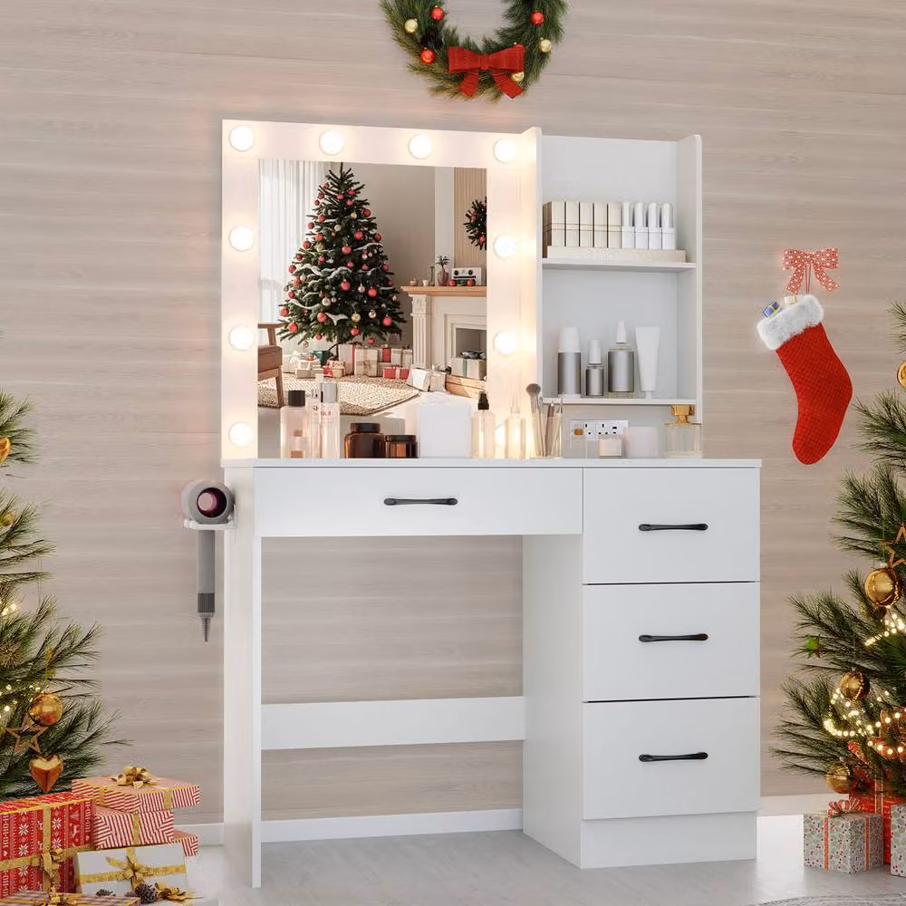 Costway Makeup Vanity Desk with Hollywood LED Lights, Charging Station and Drawers in White – 2