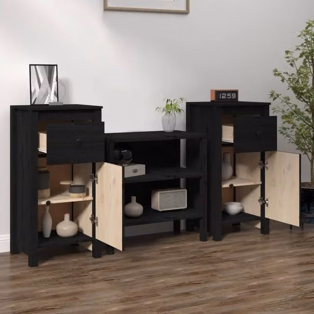 Berkfield Home Set of 2 Black Solid Pine Wood Sideboards, W/D/H: 40 x 35 x 80 cm – 1