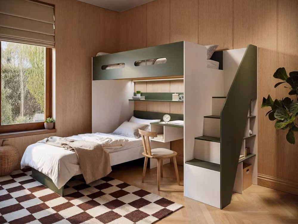 Flair Alpha Modern Two-Level Bunk Bed with LED Under-Bed Lighting and Stairs in Beige and Green, W/D/H: 200 x 90 x 180.1 cm – 2