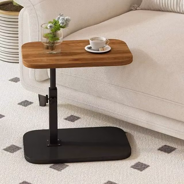 KORVIXA Brown Adjustable C-Shaped Sofa Side Table with Wood and Metal Construction