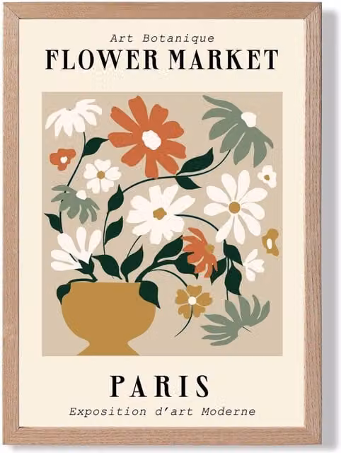 ARTZE Paris Beige and Green Flower Market Exhibition Framed Print with Oak Wood Frame, A3