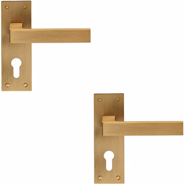 Loops 2x Pair Straight Square Handle on Euro Lock Backplate in Antique Brass, W: 150 mm, H: 50 mm