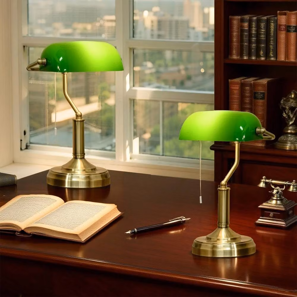 VOGREX Set of 2 Green Banker Table Lamps with Antique Bronze Base – 2