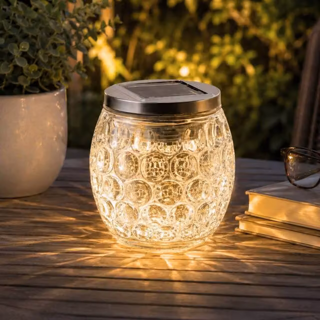 Marco Paul Large Dimpled Glass Solar Garden Lantern with LED Warm White Light and Dusk Sensor in Clear