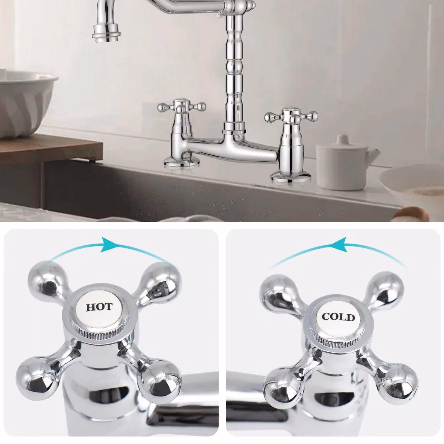 JASSFERRY Two-Handle Brass Bridge Mixer Tap for Kitchen Sinks in Silver Chrome – 3