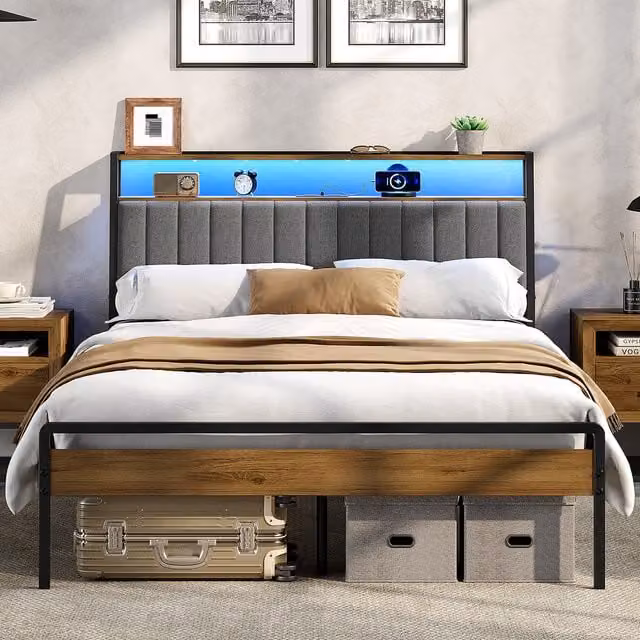 Yaheetech Upholstered Double Bed Frame with LED Lighting, USB Charging Ports and Side Storage Compartments in Caramel Brown and Grey, W/D/H: 140 x 200 cm