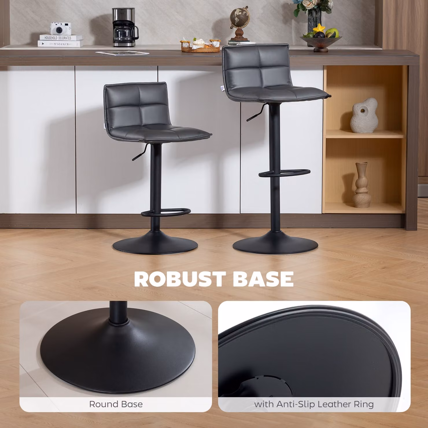 HOMCOM Set of Two Modern Faux Leather Bar Stools in Grey with 360 Degree Swivel and Metal Base – 6