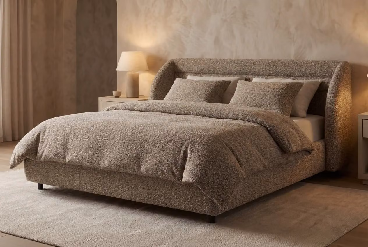 Araco Atelier Drift Bed in Beige Bouclé Fabric