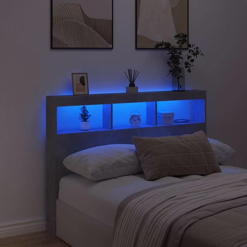 Berkfield Home Headboard Cabinet with LED in Concrete Grey, W/D/H: 140 x 17 x 102 cm – 4