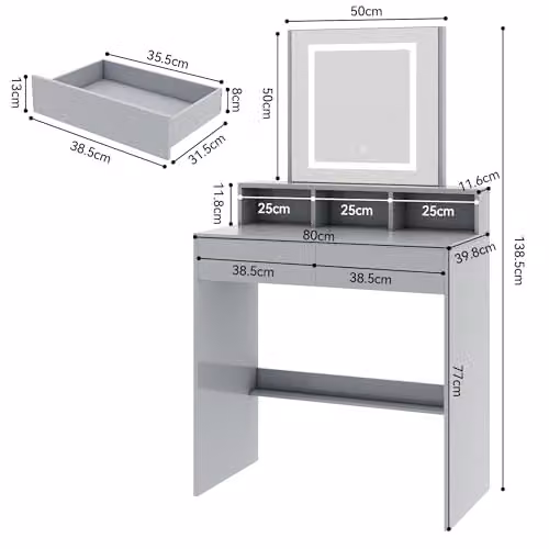 MCC Direct Tulsa Dressing Table with Hollywood LED Mirror and Drawers, Grey – 2